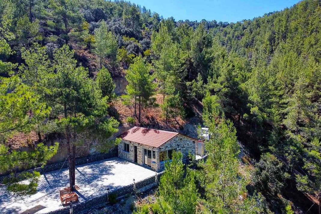 Aerial view of the stone residence and its flagstone terrace surrounded by pine forest
